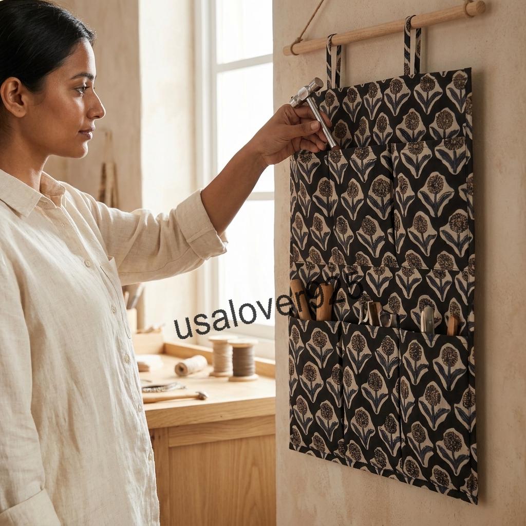 Handmade Cotton Wall Hanging Organizer – Black Floral 6 Pocket Door Storage Caddy