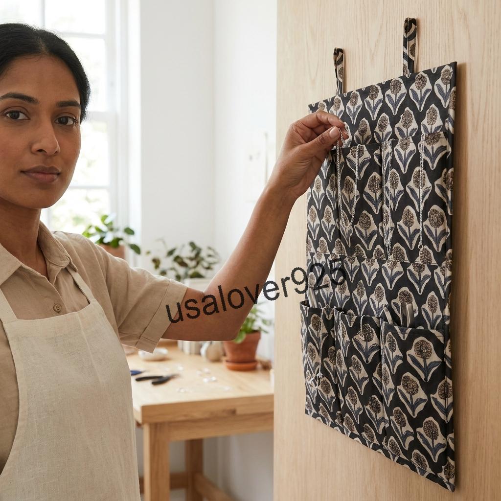 Handmade Cotton Wall Hanging Organizer – Black Floral 6 Pocket Door Storage Caddy
