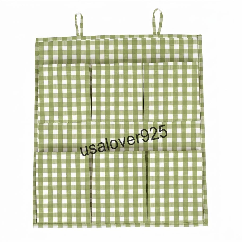 Handmade Cotton Wall Hanging Organizer – Green Gingham 6 Pocket Door Storage Caddy