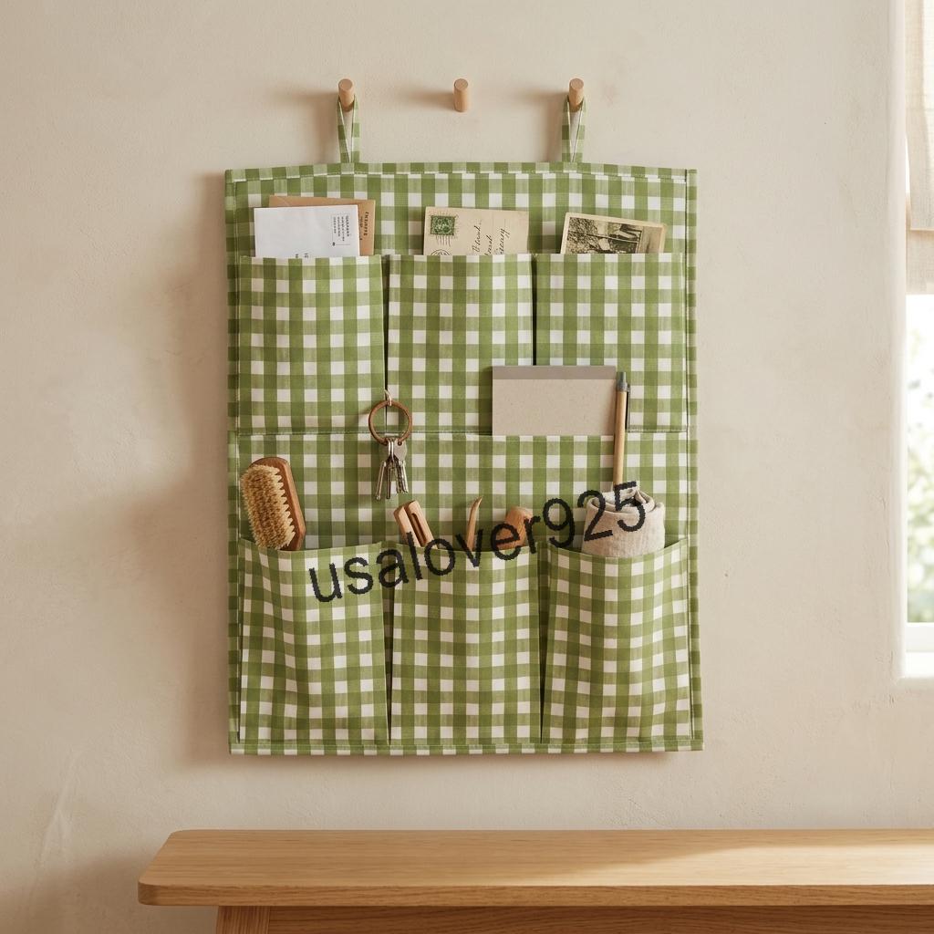 Handmade Cotton Wall Hanging Organizer – Green Gingham 6 Pocket Door Storage Caddy