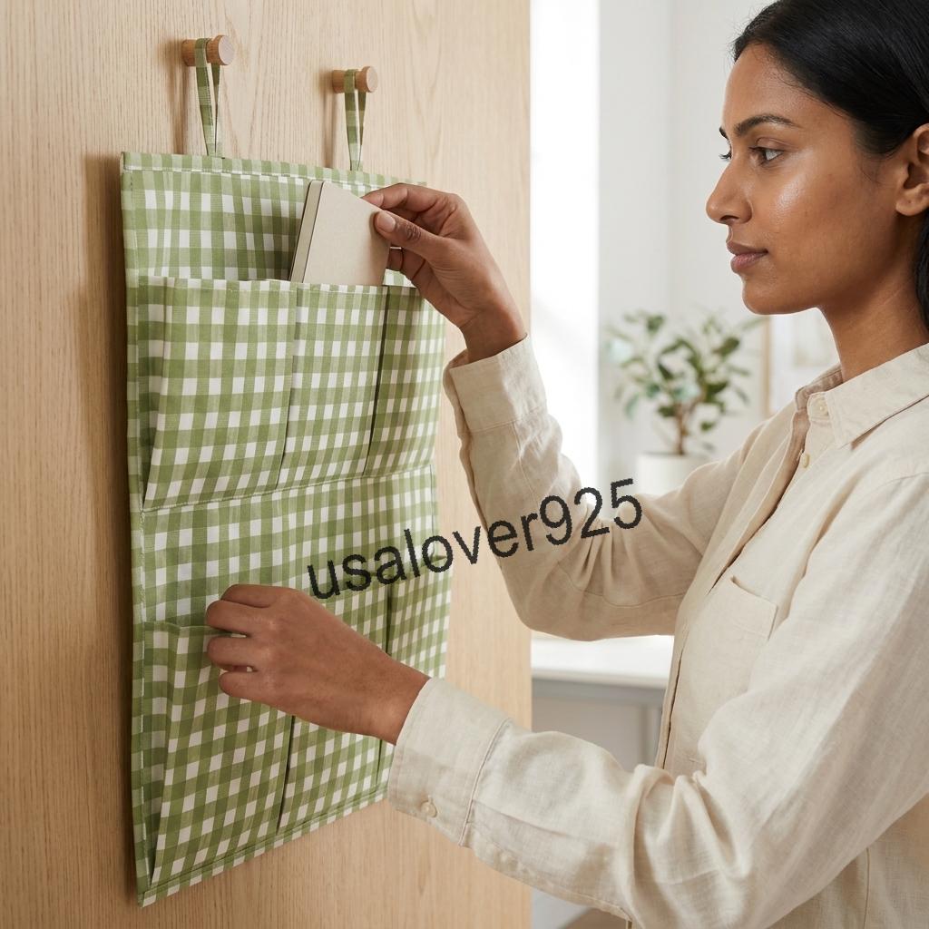Handmade Cotton Wall Hanging Organizer – Green Gingham 6 Pocket Door Storage Caddy
