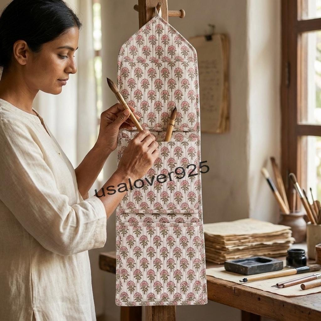 Quilted Cotton Wall Hanging Organizer – Soft Pink Floral 3 Pocket Door Storage Caddy