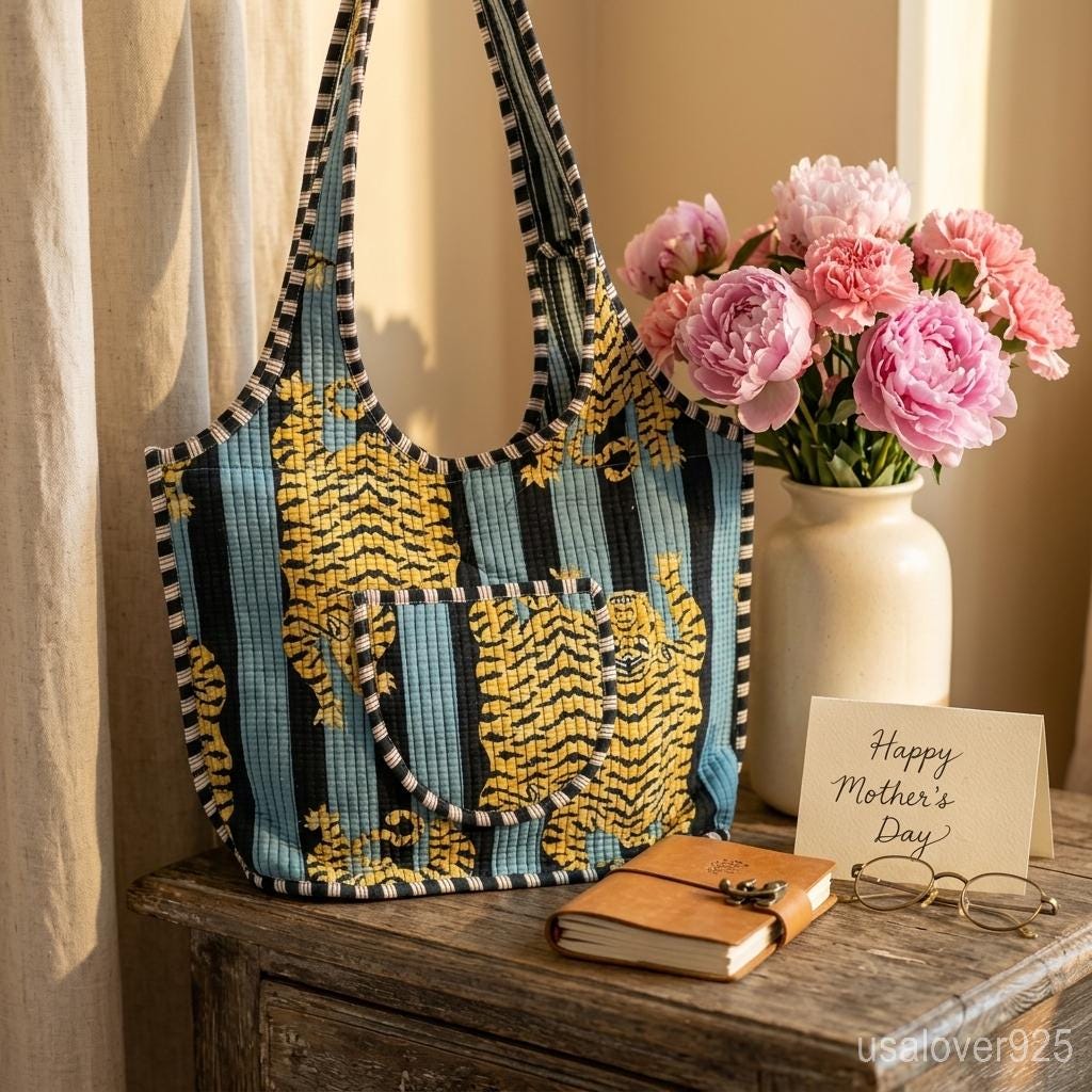 Handmade Quilted Cotton Tote Bag – Teal Tiger Print Scoop Shoulder Bag
