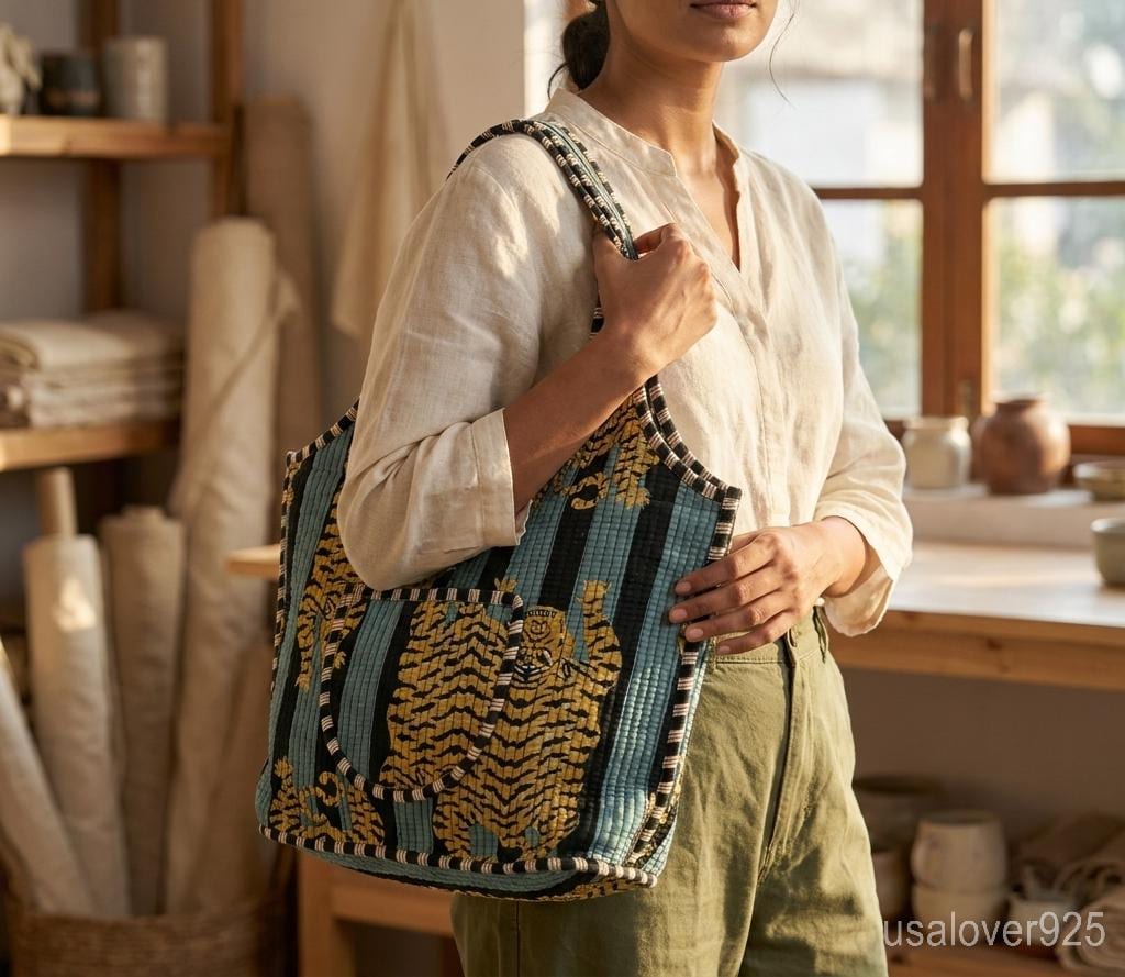 Handmade Quilted Cotton Tote Bag – Teal Tiger Print Scoop Shoulder Bag