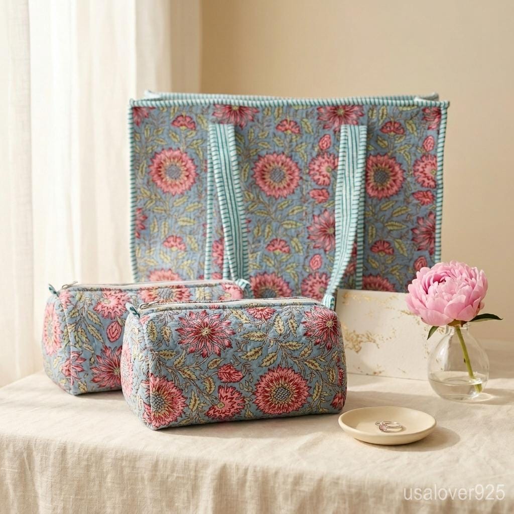4 Pc Quilted Cotton Tote Bag Set – Blue Pink Floral Shoulder Bag & Cosmetic Pouches