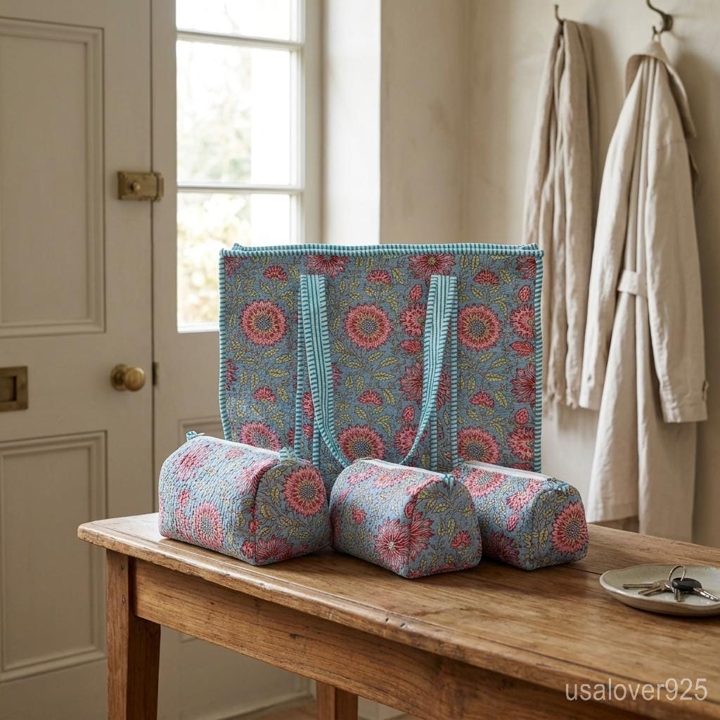 4 Pc Quilted Cotton Tote Bag Set – Blue Pink Floral Shoulder Bag & Cosmetic Pouches