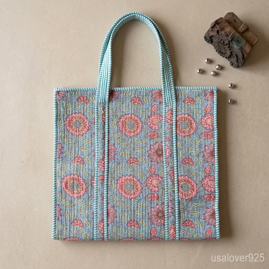 4 Pc Quilted Cotton Tote Bag Set – Blue Pink Floral Shoulder Bag & Cosmetic Pouches