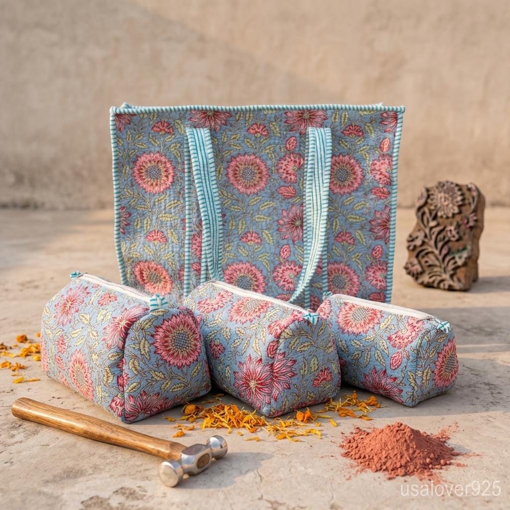 4 Pc Quilted Cotton Tote Bag Set – Blue Pink Floral Shoulder Bag & Cosmetic Pouches