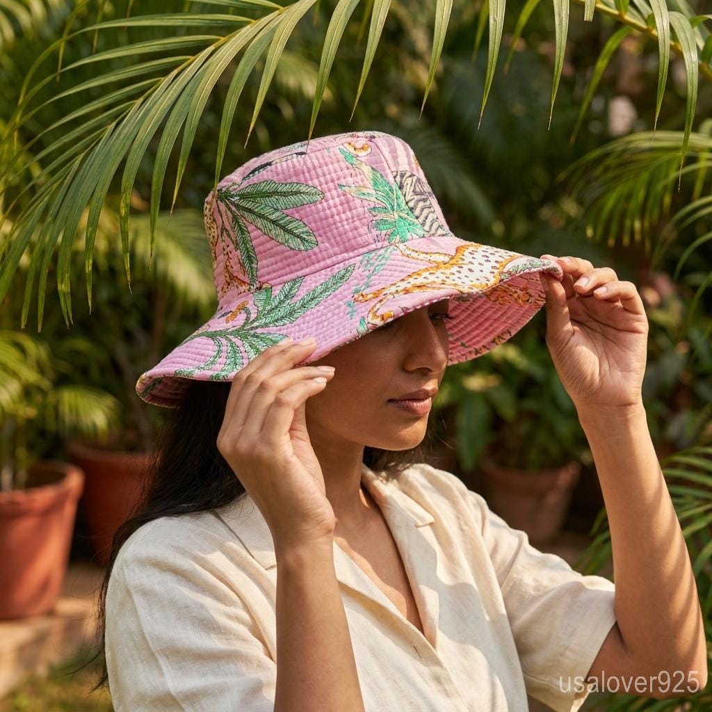 Handmade Quilted Cotton Sun Hat – Pink Safari Animal Print Bucket Hat