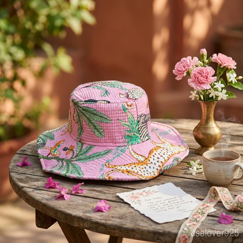 Handmade Quilted Cotton Sun Hat – Pink Safari Animal Print Bucket Hat