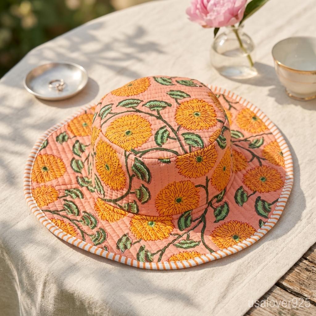 Handmade Quilted Cotton Sun Hat – Peach Floral Print Wide Brim Bucket Hat