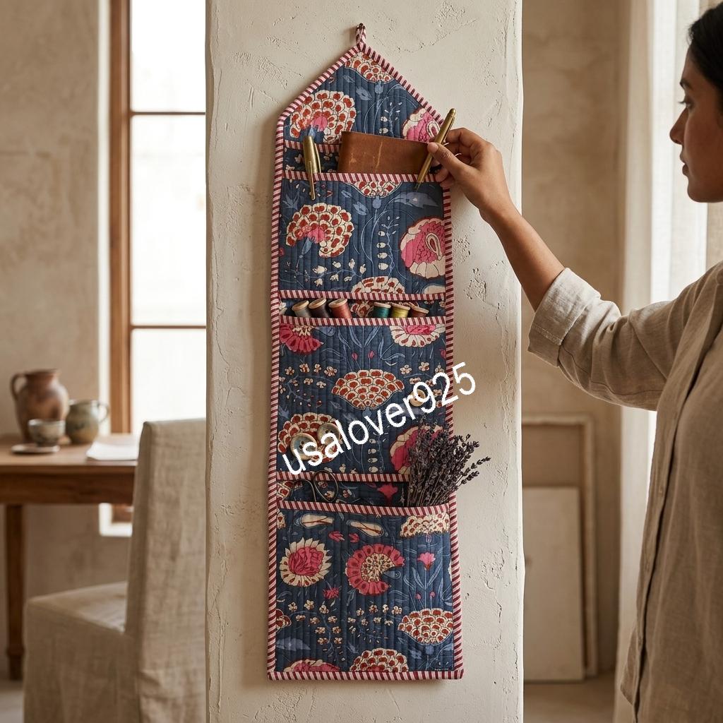 Floral Quilted Cotton Wall Organizer, 3-Pocket Hanging Storage for Small Space Decor