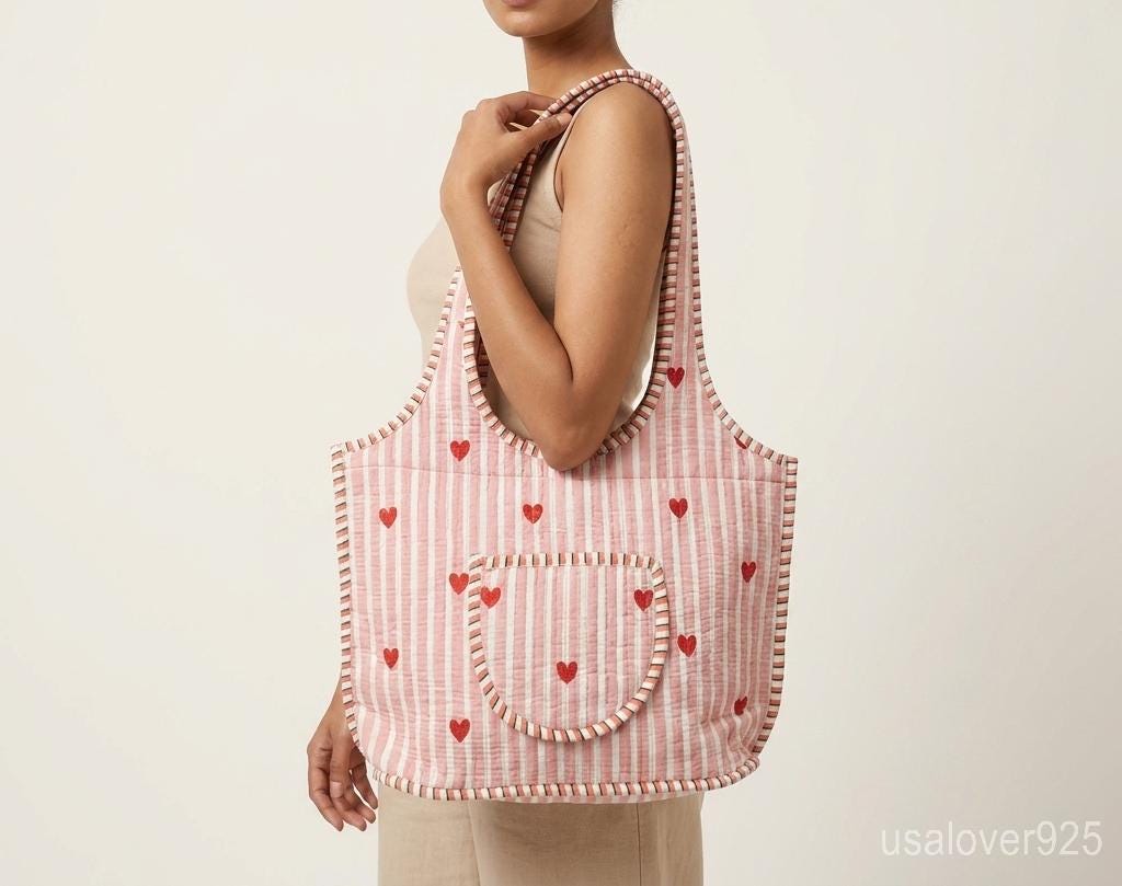 Handmade Quilted Cotton Tote Bag – Pink Heart Stripe Scoop Shoulder Bag