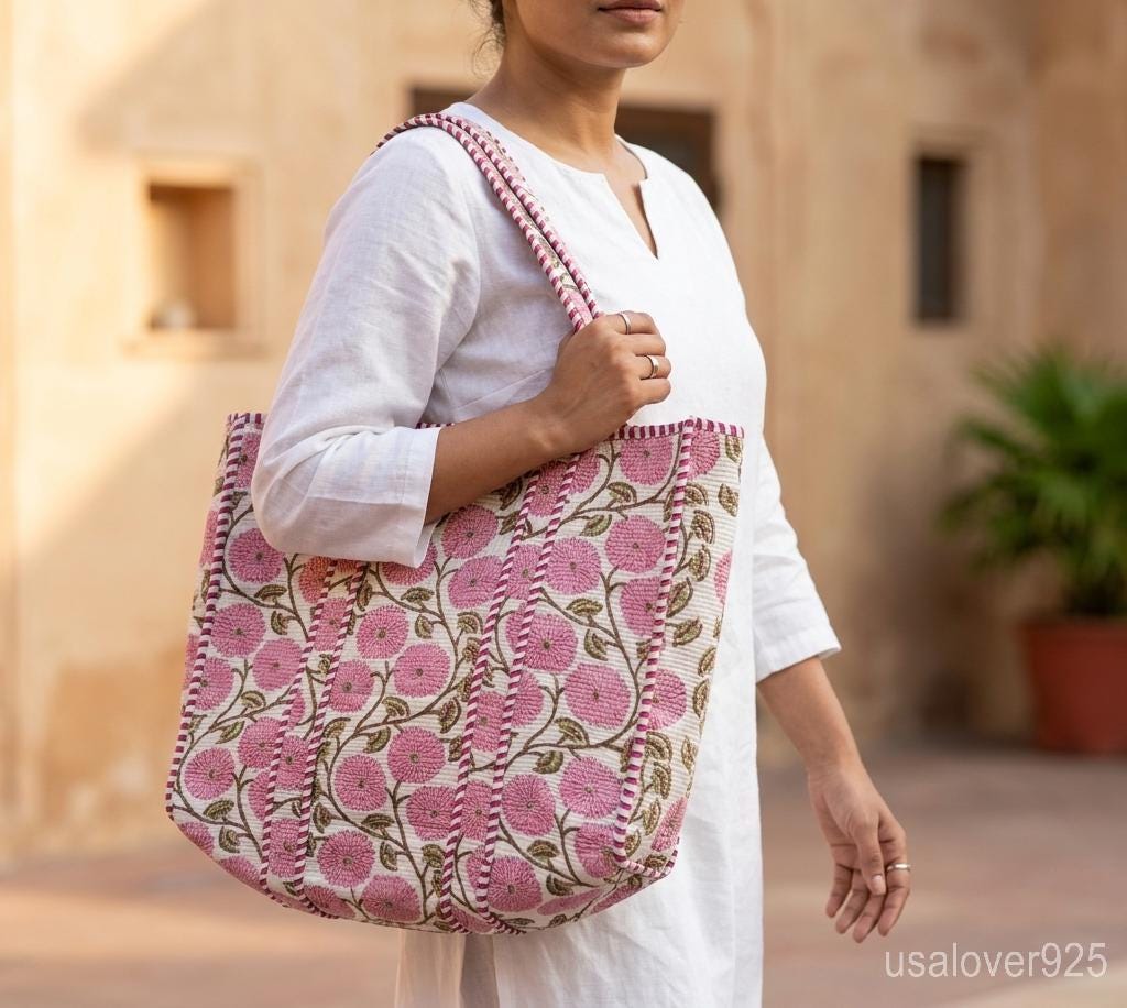 Handmade Quilted Cotton Tote Bag – Pink Floral Shoulder Bag