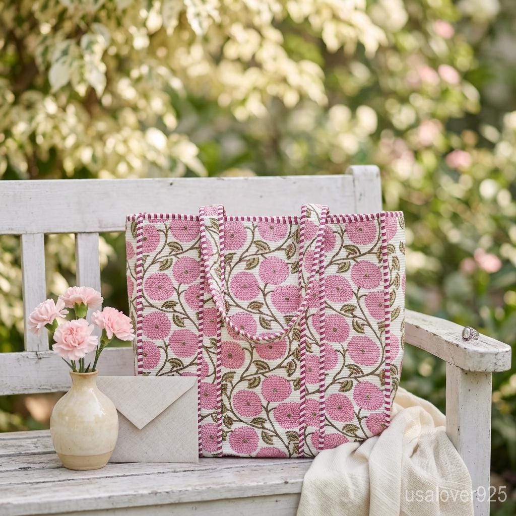 Handmade Quilted Cotton Tote Bag – Pink Floral Shoulder Bag