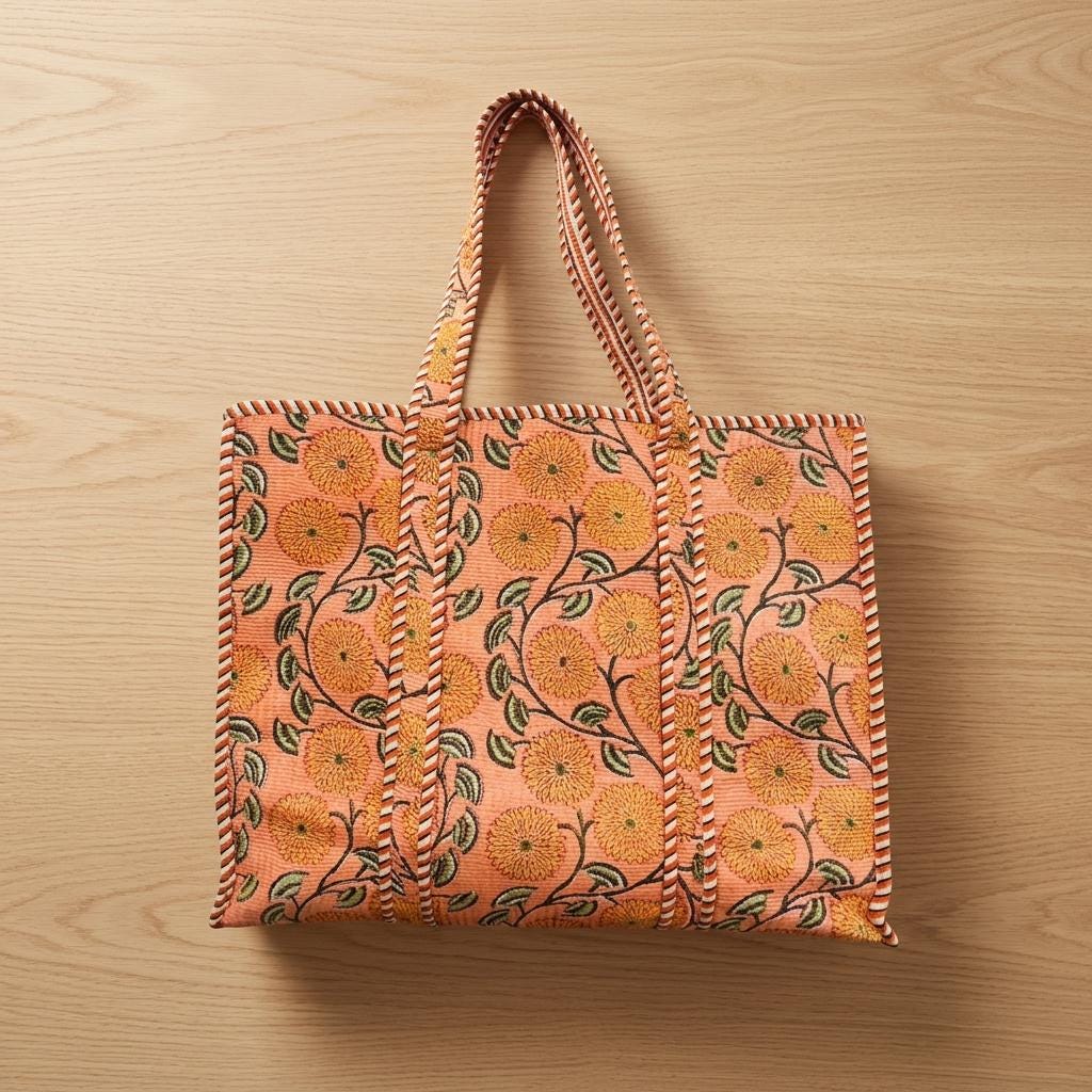 Handmade Quilted Cotton Tote Bag – Peach Floral Print Large Shoulder Bag