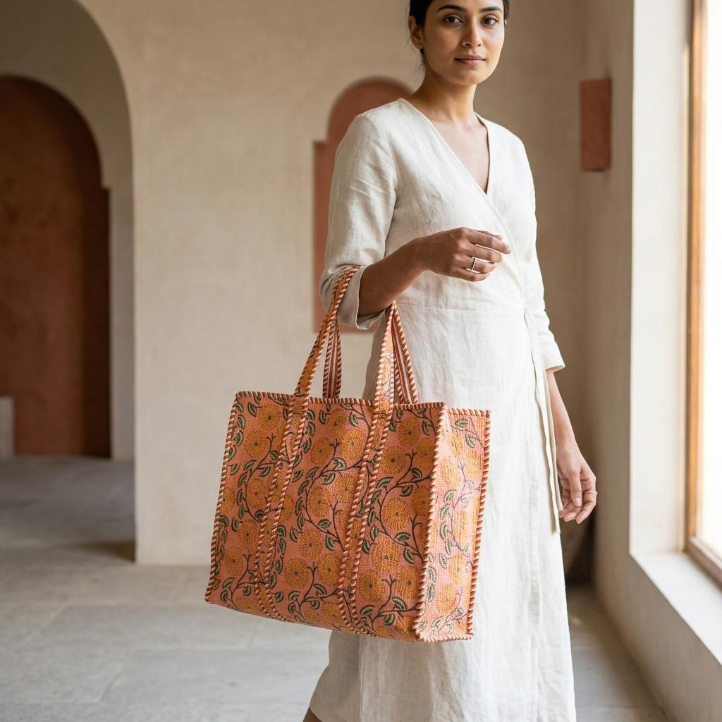 Handmade Quilted Cotton Tote Bag – Peach Floral Print Large Shoulder Bag