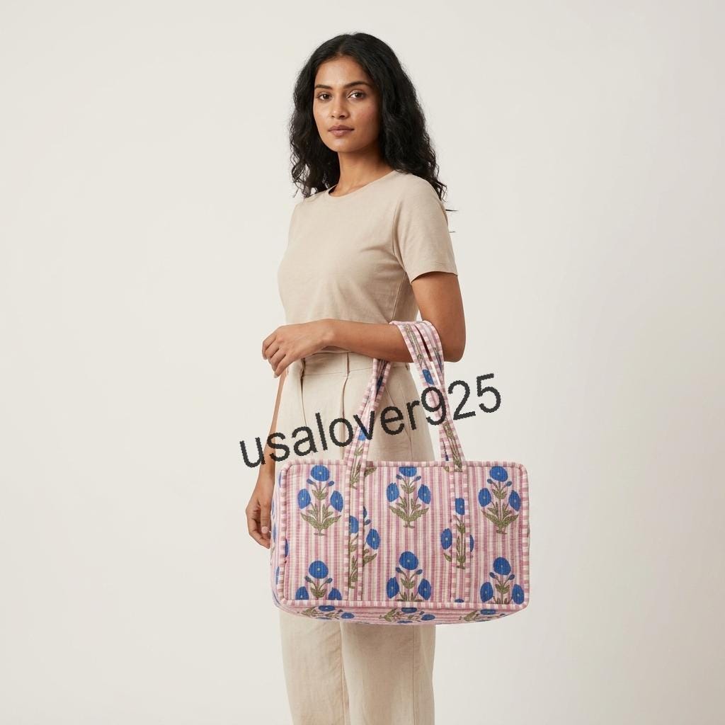 Quilted Cotton Mahjong Bag – Pink Striped Blue Floral Mahjong Tile Storage Travel Tote