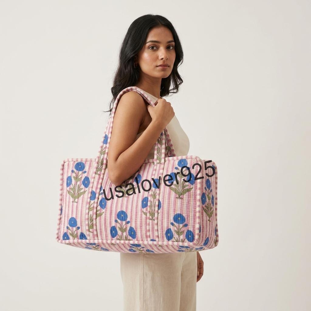 Quilted Cotton Mahjong Bag – Pink Striped Blue Floral Mahjong Tile Storage Travel Tote