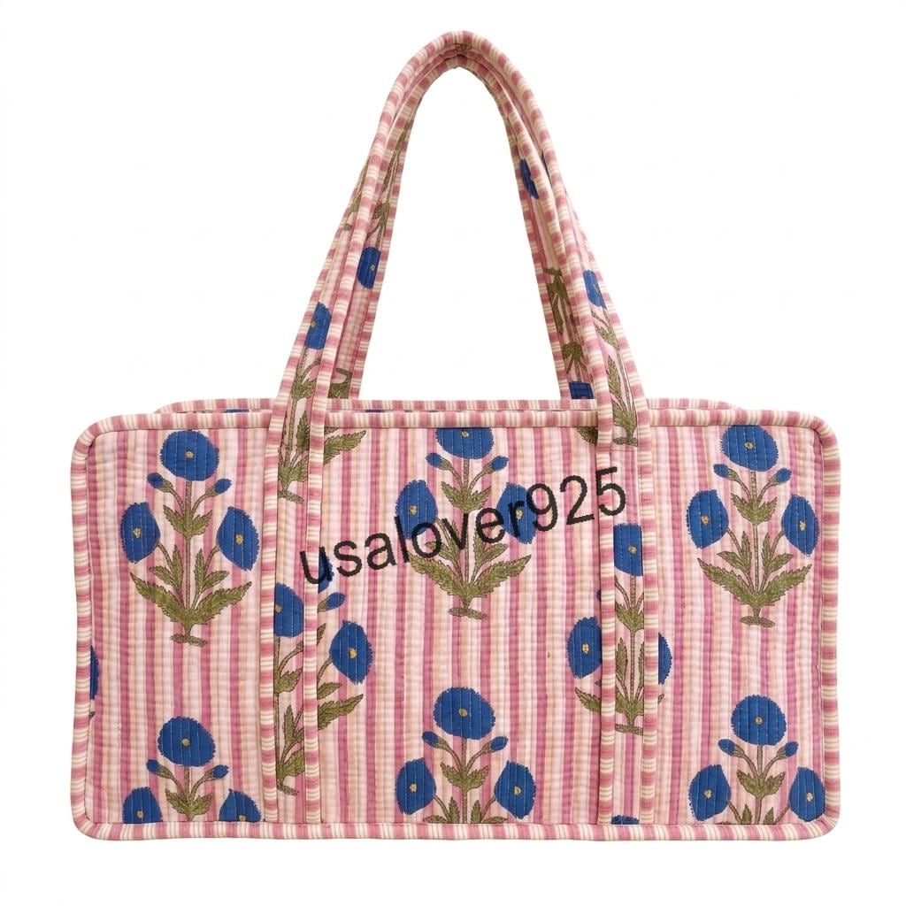 Quilted Cotton Mahjong Bag – Pink Striped Blue Floral Mahjong Tile Storage Travel Tote