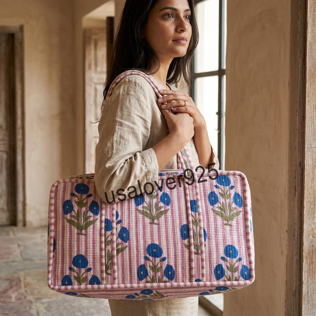 Quilted Cotton Mahjong Bag – Pink Striped Blue Floral Mahjong Tile Storage Travel Tote