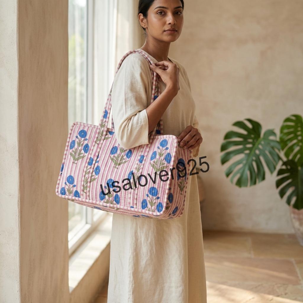 Quilted Cotton Mahjong Bag – Pink Striped Blue Floral Mahjong Tile Storage Travel Tote