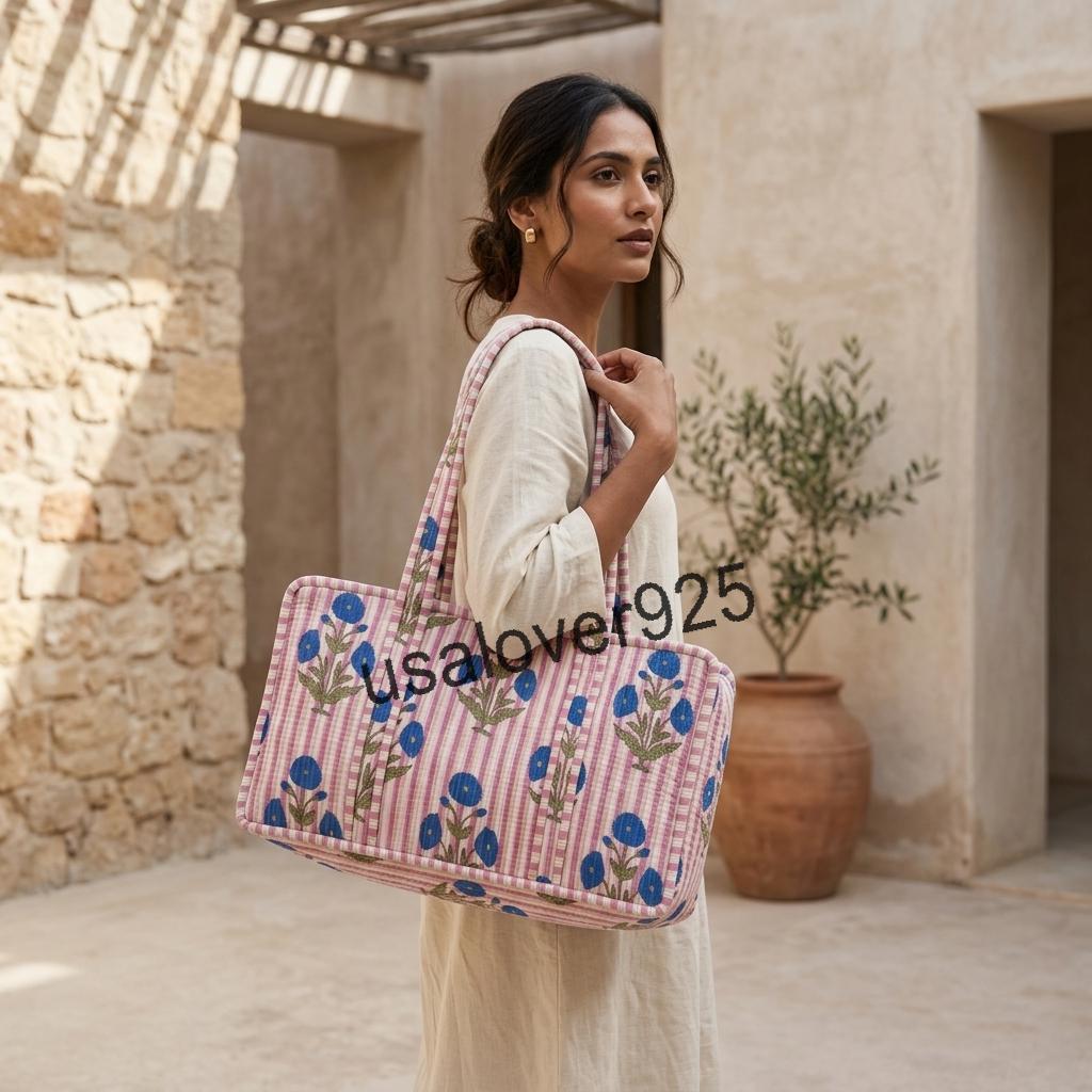 Quilted Cotton Mahjong Bag – Pink Striped Blue Floral Mahjong Tile Storage Travel Tote