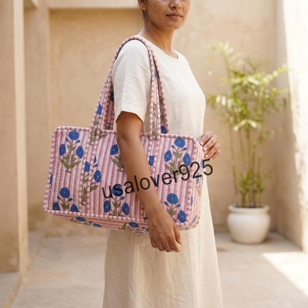 Quilted Cotton Mahjong Bag – Pink Striped Blue Floral Mahjong Tile Storage Travel Tote