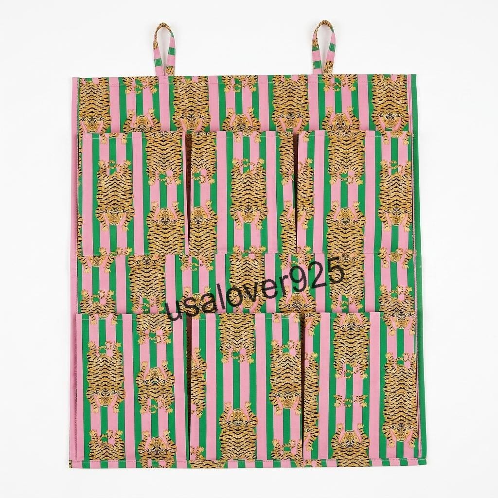 Handmade Cotton Wall Hanging Organizer – Pink Green Tiger Stripe Multi Pocket Storage Caddy