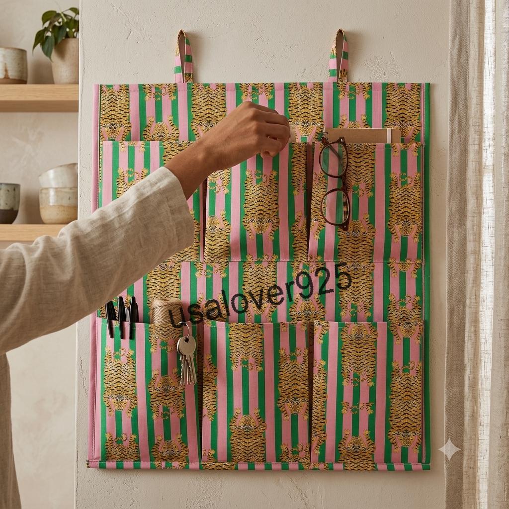 Handmade Cotton Wall Hanging Organizer – Pink Green Tiger Stripe Multi Pocket Storage Caddy