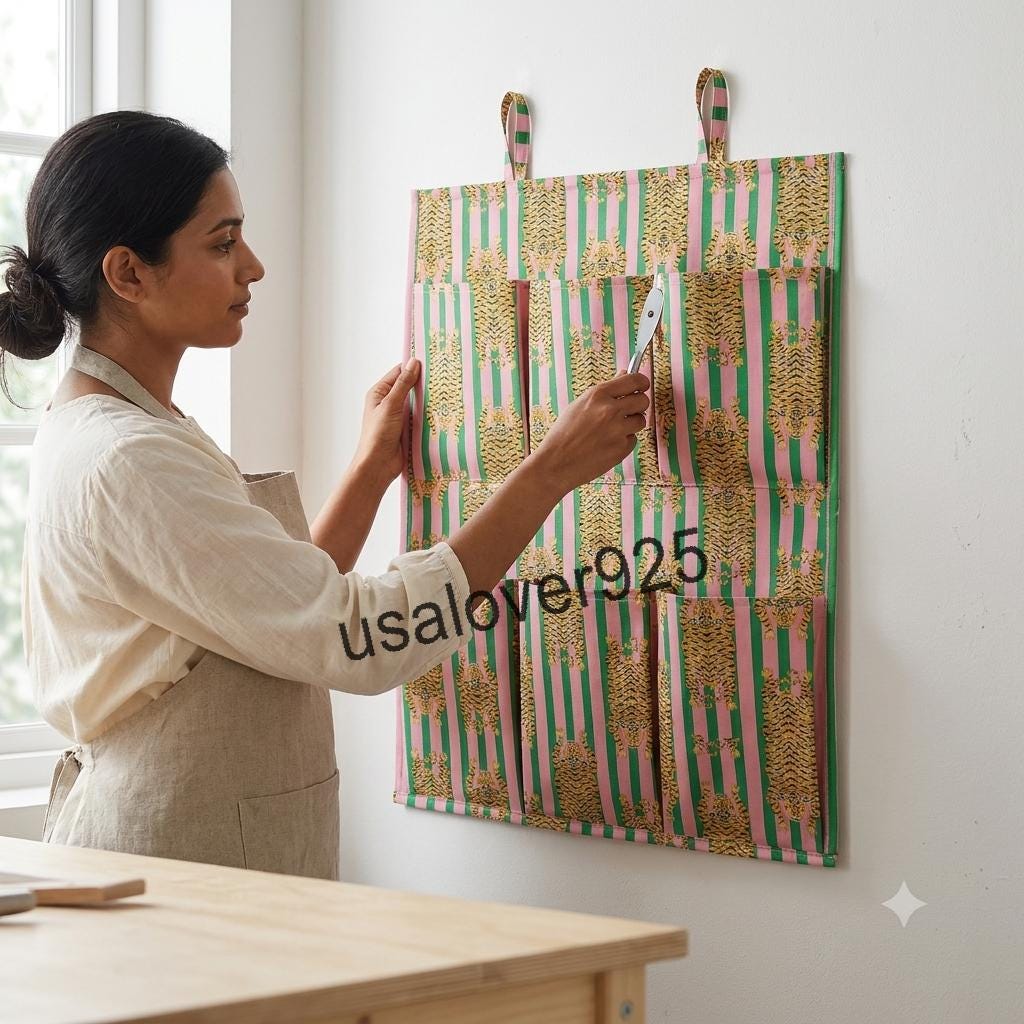 Handmade Cotton Wall Hanging Organizer – Pink Green Tiger Stripe Multi Pocket Storage Caddy