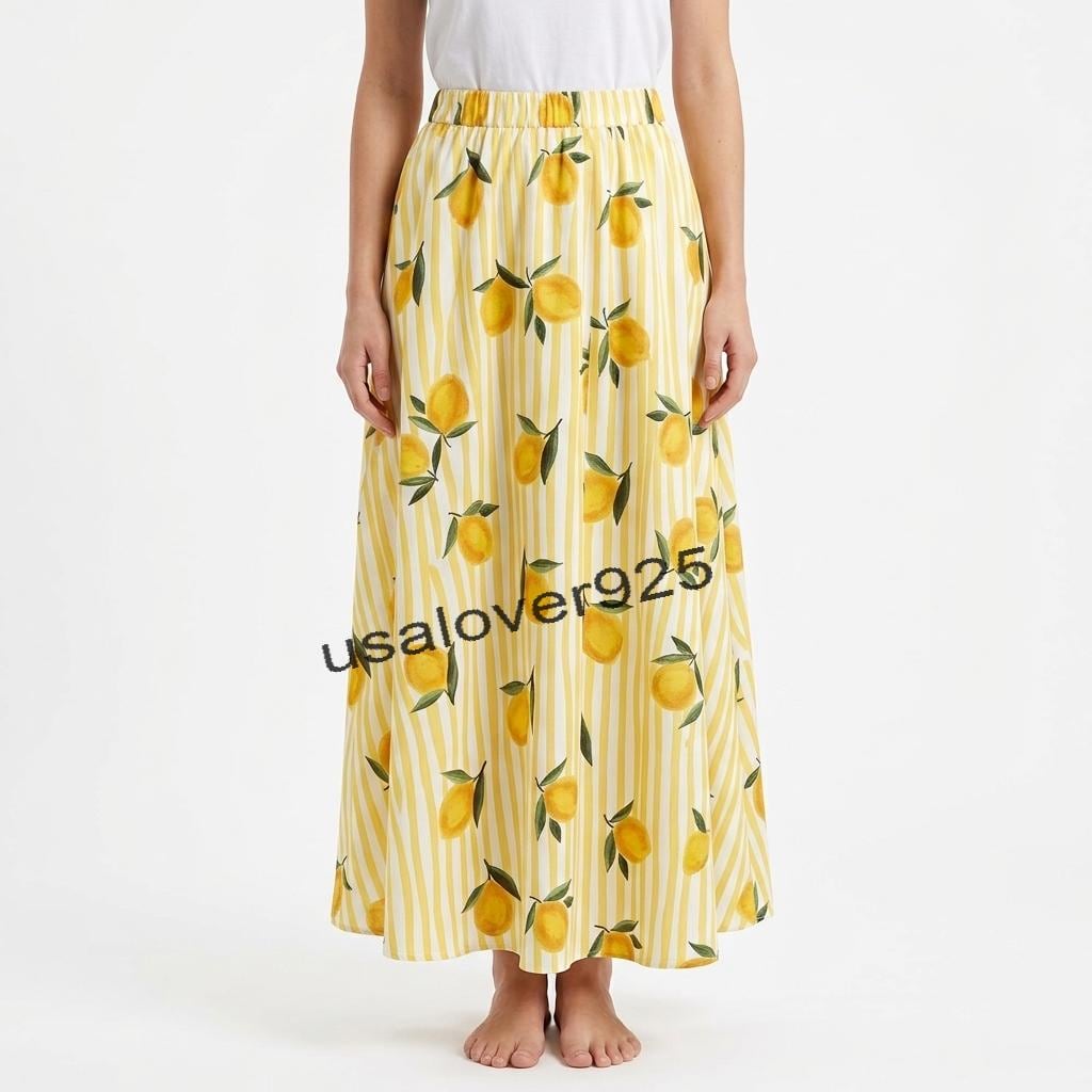 Handmade Cotton Maxi Skirt – Yellow Lemon Print Striped Boho Summer Beach Skirt