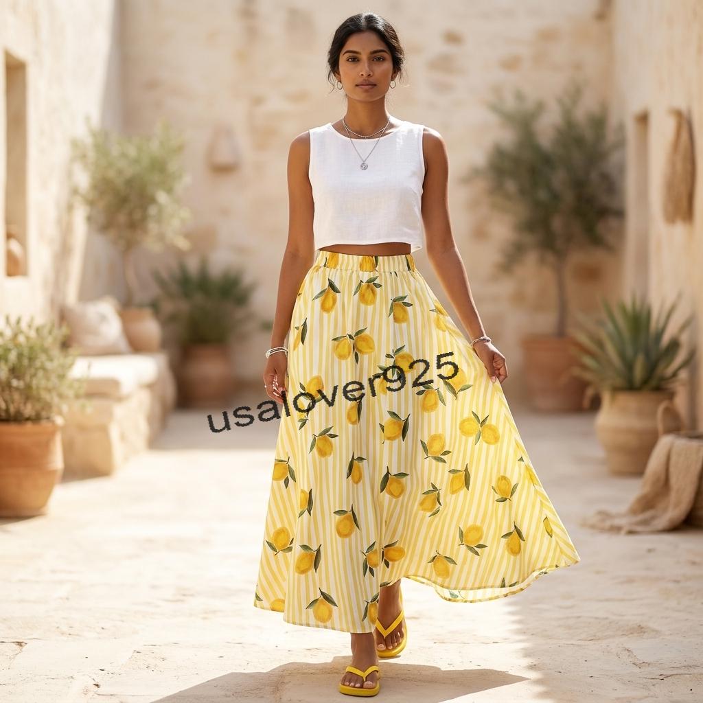 Handmade Cotton Maxi Skirt – Yellow Lemon Print Striped Boho Summer Beach Skirt