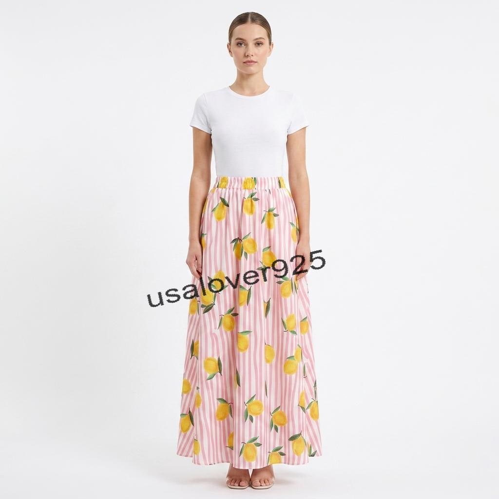 Handmade Cotton Maxi Skirt – Pink Lemon Print Striped Boho Summer Beach Skirt