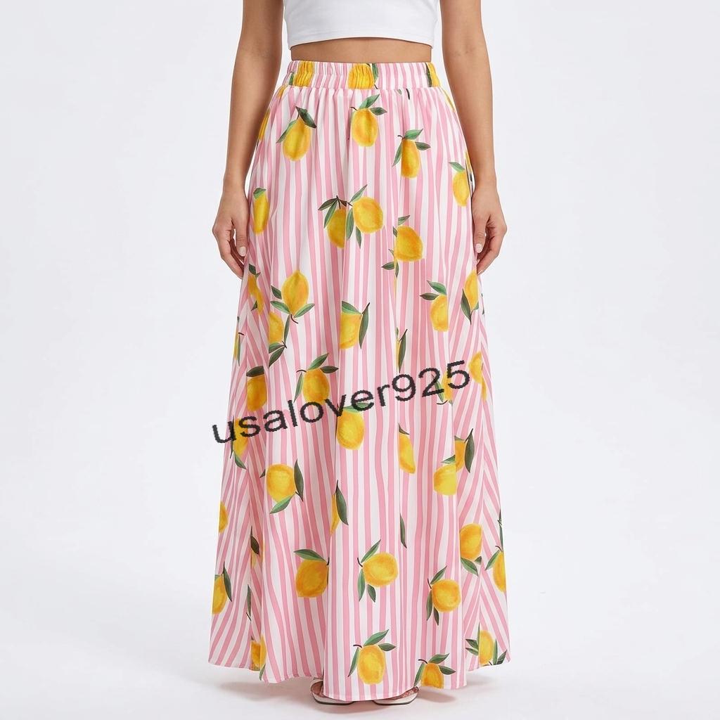 Handmade Cotton Maxi Skirt – Pink Lemon Print Striped Boho Summer Beach Skirt
