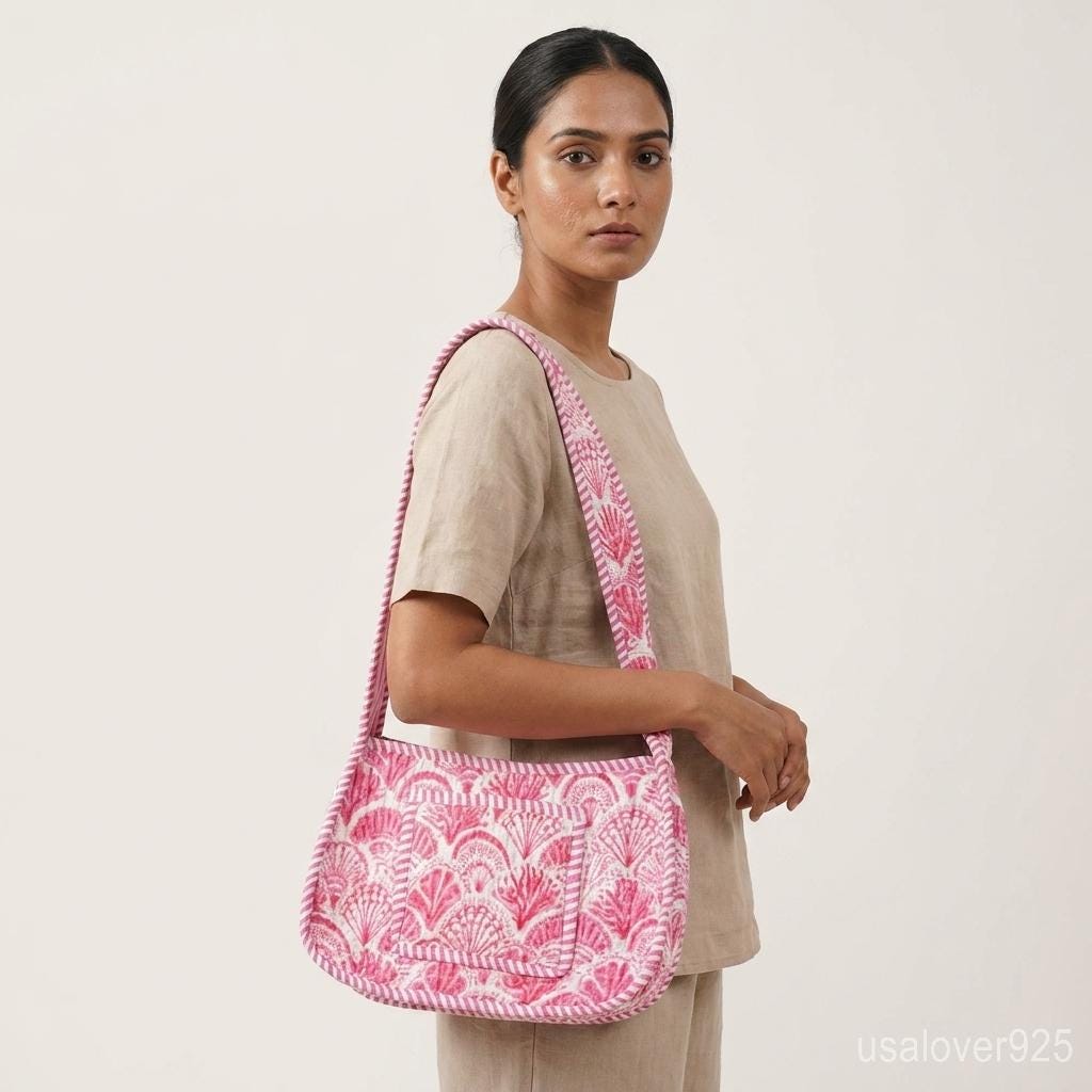 Quilted Cotton Shoulder Bag – Pink Shell Block Print Crossbody Purse