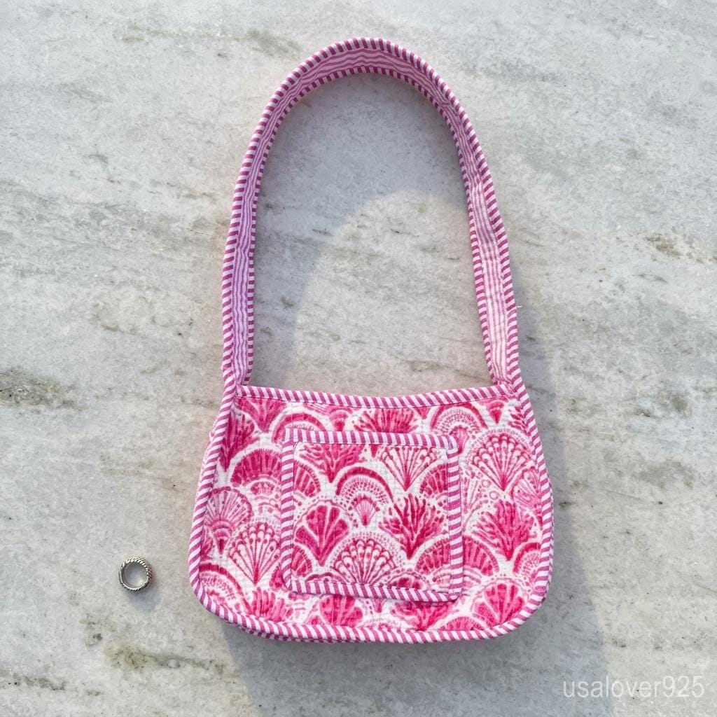 Quilted Cotton Shoulder Bag – Pink Shell Block Print Crossbody Purse