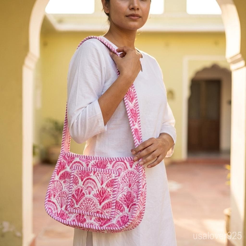 Quilted Cotton Shoulder Bag – Pink Shell Block Print Crossbody Purse