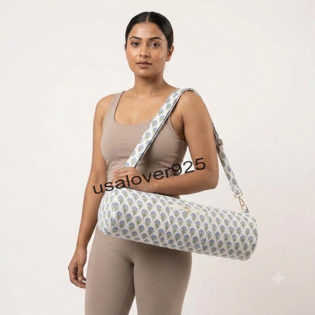 Handmade Quilted Cotton Yoga Mat Bag – Blue Floral Print Travel & Gym Carrier