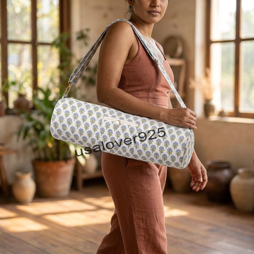Handmade Quilted Cotton Yoga Mat Bag – Blue Floral Print Travel & Gym Carrier