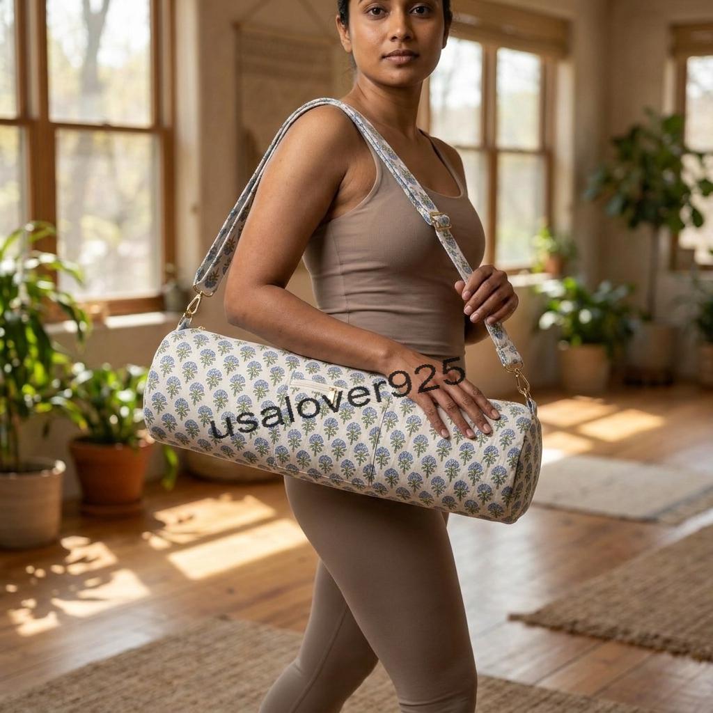 Handmade Quilted Cotton Yoga Mat Bag – Blue Floral Print Travel & Gym Carrier
