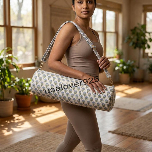 Handmade Quilted Cotton Yoga Mat Bag – Blue Floral Print Travel & Gym Carrier