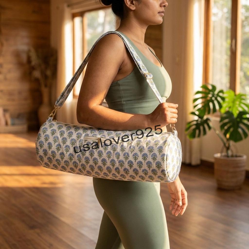Handmade Quilted Cotton Yoga Mat Bag – Blue Floral Print Travel & Gym Carrier