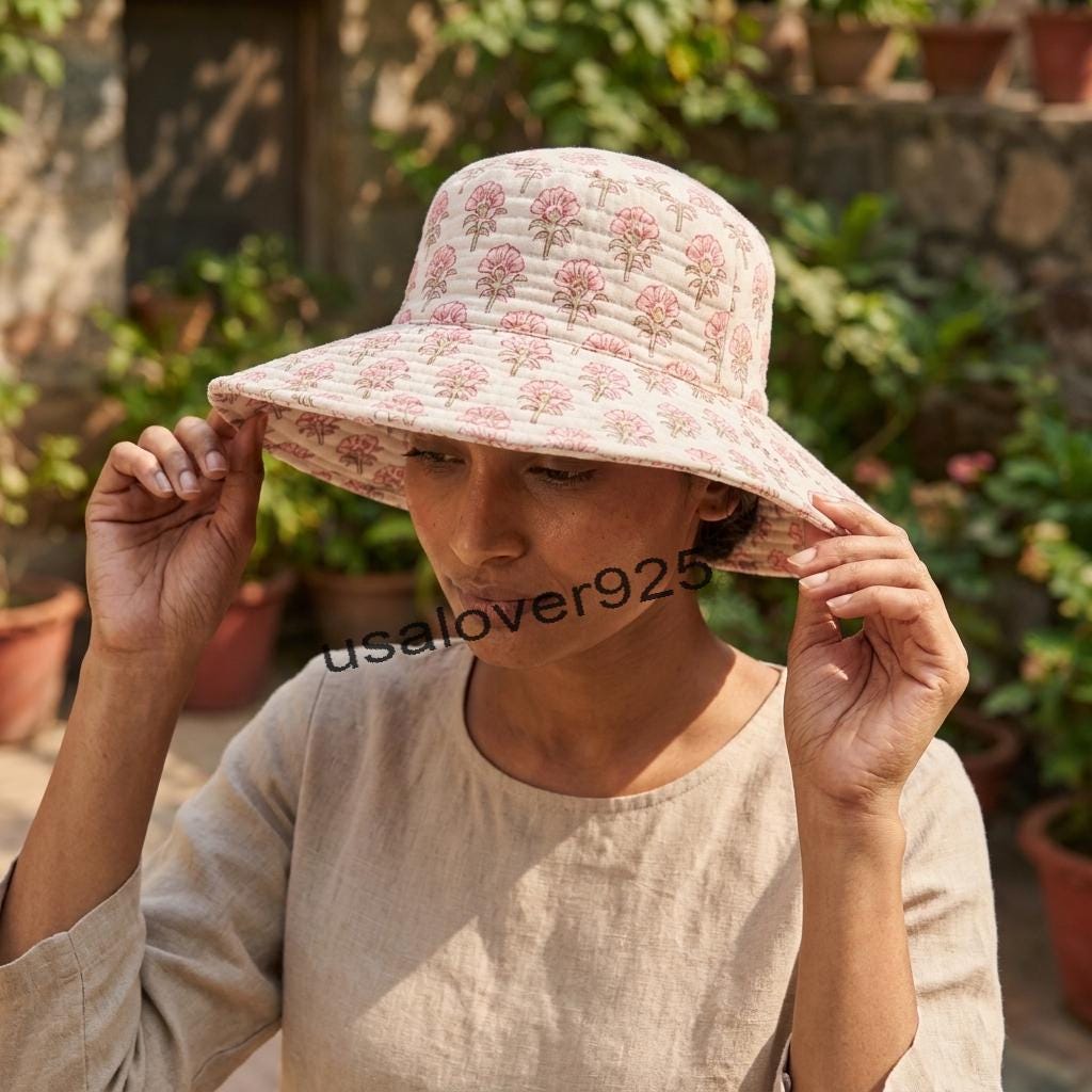 Handmade Quilted Cotton Sun Hat – Pink Floral Print Wide Brim Bucket Hat