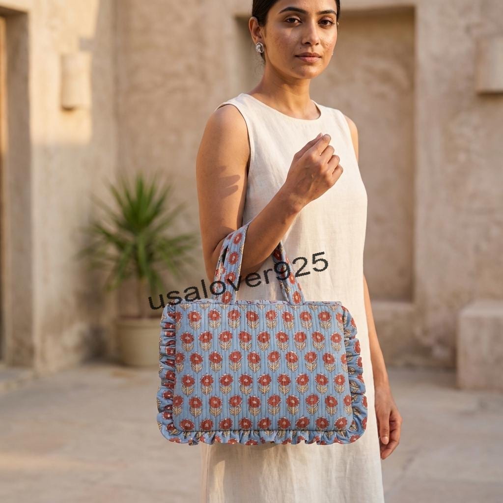 Quilted Cotton Tote Bag – Slate Blue & Rust Floral Ruffle Shoulder Bag