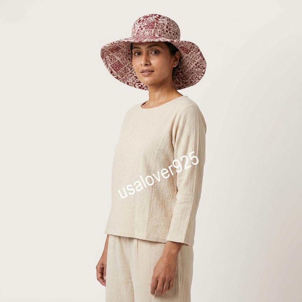 Handmade Quilted Cotton Sun Hat – Maroon Floral Print Wide Brim Bucket Hat