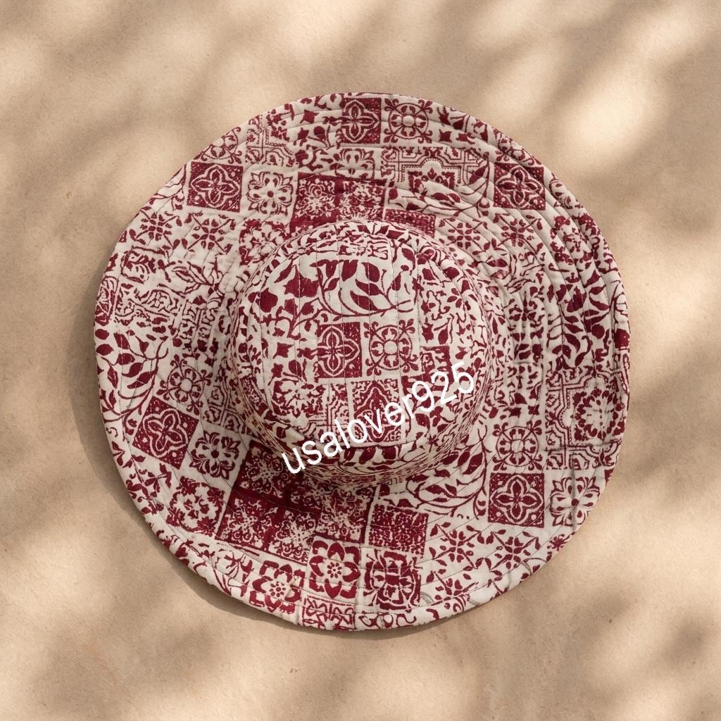 Handmade Quilted Cotton Sun Hat – Maroon Floral Print Wide Brim Bucket Hat