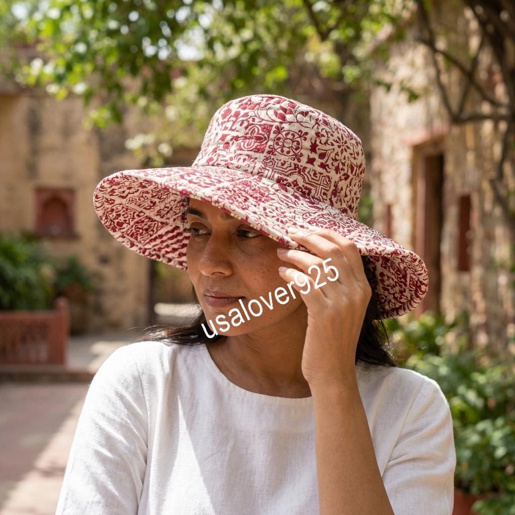 Handmade Quilted Cotton Sun Hat – Maroon Floral Print Wide Brim Bucket Hat
