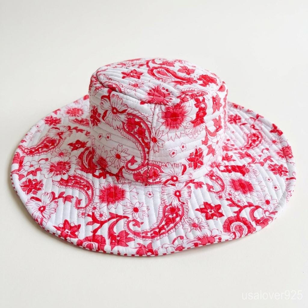 Handmade Quilted Cotton Sun Hat – Pink Paisley Floral Wide Brim Bucket Hat