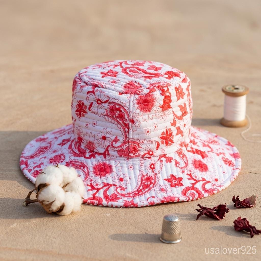 Handmade Quilted Cotton Sun Hat – Pink Paisley Floral Wide Brim Bucket Hat